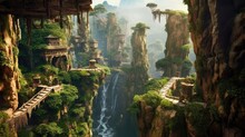A Trail Through A Canyon With Hanging Gardens. Generative AI