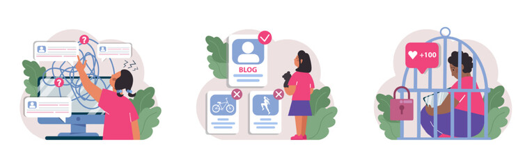 Wall Mural - children in social media set. kid with phone or laptop surfing social