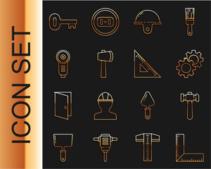 Set line Corner ruler, Hammer, Gear, Worker safety helmet, Wooden axe, Angle grinder, Old key and Triangular icon. Vector