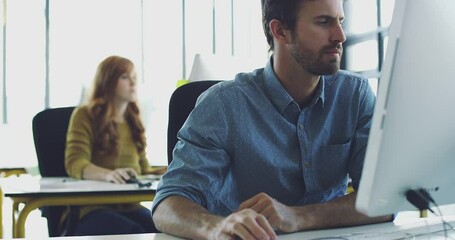 Aufkleber - Computer, research man or programmer working for cybersecurity, app coding or data analysis in office. Hacker, developer or employee on tech for software code, programming or startup analytics review