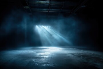 The dark stage with smoky dark blue background. an empty dark room with window shadows for display products. generative ai