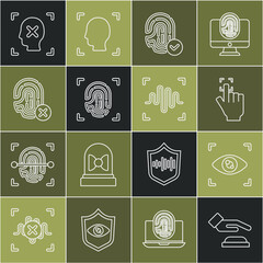 Set line Palm print recognition, Eye scan, Fingerprint, Rejection fingerprint, face and Voice icon. Vector