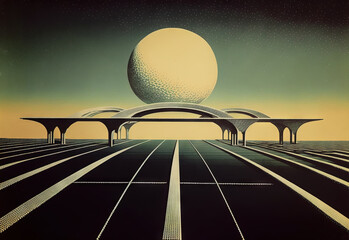 Poster - Retrofuturistic landscape in 80s sci-fi style. Retro science fiction scene with futuristic buildings. Generated AI. Generative AI