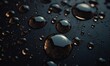  drops of water on a black surface with a dark background.  generative ai