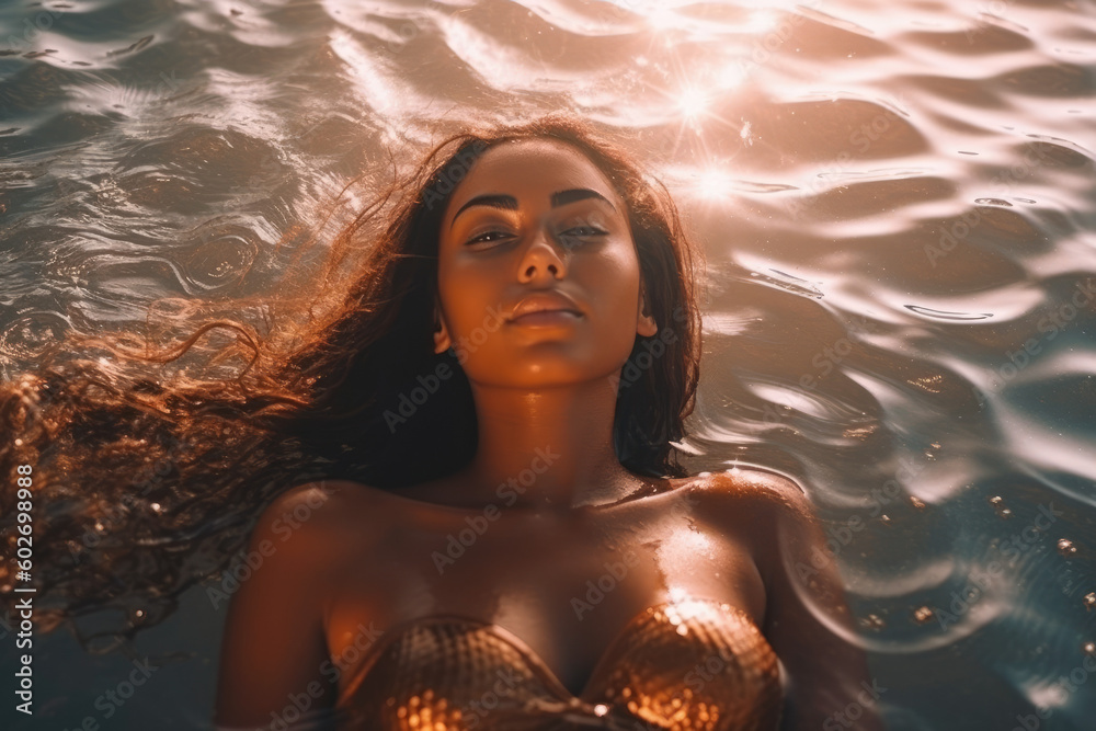 Beach Sun-Kissed Beauty. Stunning sexy woman with straw hat basking in golden hour light, laying