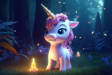 Wall Mural - a cute adorable baby unicorn by night with light, in nature , rendered in the style of children-friendly cartoon animation fantasy style 3D style Illustration created by AI