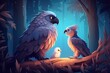 cute adorable baby eagle with mother eagle by night in forest rendered in the style of fantasy cartoon animation style intended for children created by AI