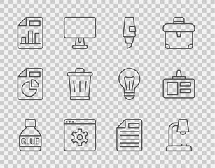 Poster - Set line Glue, Table lamp, Marker pen, Browser setting, Document with graph chart, Trash can, File document and Identification badge icon. Vector
