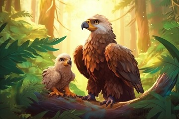 Wall Mural - cute adorable baby eagle with mother eagle in forest rendered in the style of fantasy cartoon animation style intended for children created by AI