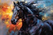 Colorful Artistic Painting Arabic Black Horse, Ai Generative