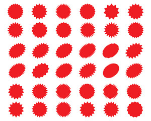Wall Mural - Starburst red sticker set - collection of special offer sale round and oval sunburst labels and buttons isolated on white background. Stickers and badges with star edges for promo advertising.