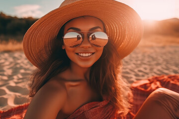 Wall Mural - Beach Sun-Kissed Beauty. Stunning sexy woman in bikini basking in golden hour light, laying on beach towel. Summer and relaxation concept AI Generative