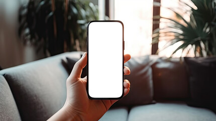 Hand holding smartphone on blurred background of living room. Based on Generative AI