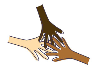 3 hands huddling, coming together. Vector icon doodle illustration for unity, partnership and teamwork