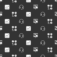 Poster - Set Chalkboard with chart, Planning strategy, Financial growth increase and Headphones on seamless pattern. Vector