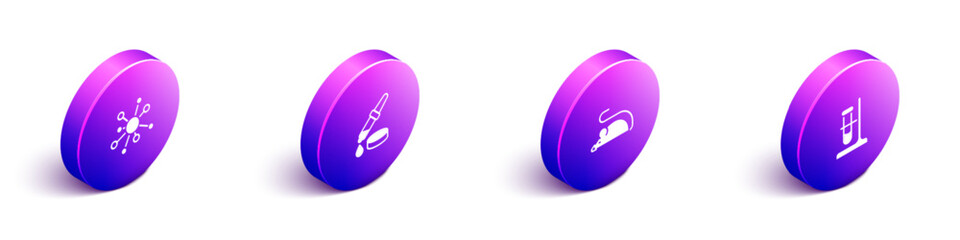 Poster - Set Isometric Molecule, Pipette, Experimental mouse and Test tube flask on stand icon. Vector