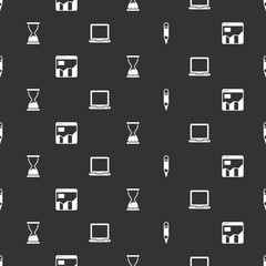 Poster - Set Pencil, Graph chart infographic, Old hourglass and Laptop on seamless pattern. Vector