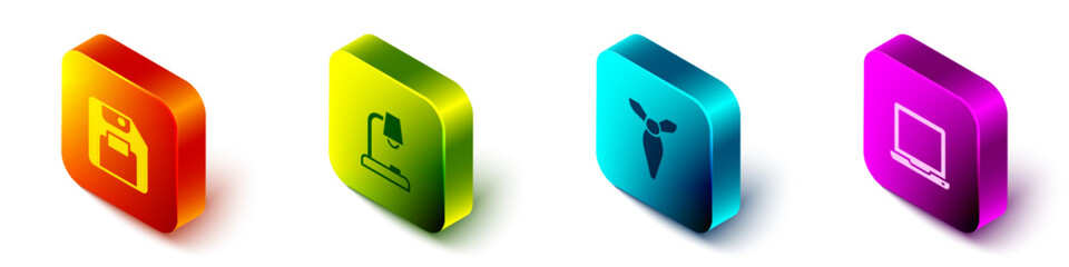 Poster - Set Isometric Floppy disk, Table lamp, Tie and Laptop icon. Vector