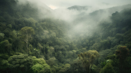 Theme climate change and renewable energy. Rainforest landscape with trees and fog.  Generative AI