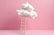 A white cotton cloud with a rope ladder going down on pink background Y2K style