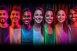 © Nokhoog - Collage made of portraits of young people of diverse age, gender and race posing, smiling over multicolored background in neon light. Concept of human emotions, youth, lifestyle,generative ai.