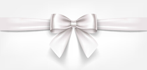 Wall Mural - Satin decorative white bow with horizontal ribbon isolated on white background. Vector white bow and ribbon