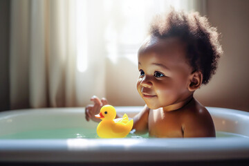 Wall Mural - Close up of an african american baby playing with a duck on the bathtub