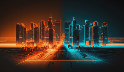 Wall Mural - Blue and orange color Neon mega city capital towers with futuristic technology background, future modern building virtual reality, digital design, digital technology scene with Generative Ai.