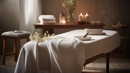 Serene Spa Retreat. Immerse yourself in tranquility with an empty massage table in a tranquil spa scene AI Generative