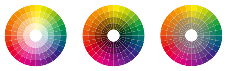 Colour palette wheel - RYB model, circle divided into thirty two shades, version with different light, dark and saturation