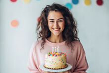 20 Year Old Woman Holding A Cake With Candles. Generative AI.