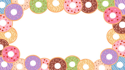Background of colorful donuts with place for text useful to use for design of cafe, menu, promo banner, sales. Various types of donuts in glaze and chocolate. Flat vector cartoon illustration.