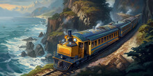 Coastal Journey Vintage Poster Design Of A Yellow And Blue Train Gliding Along An Ocean Road Generative AI Digital Illustration
