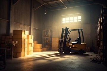 Wall Mural - forklift box distribution storage warehouse cargo sun logistic transportation delivery. Generative AI.