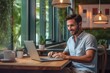 © EmmaStock - Freelance man working on laptop in the cafe with Ai Generated