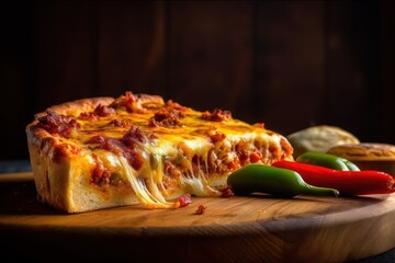 The pizza and pepper on a wooden board with Ai Generated