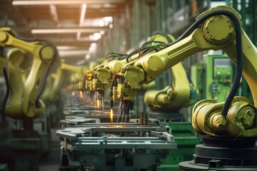 Canvas Print - The green robotic arm works in line production in the industrial factory with Ai Generated