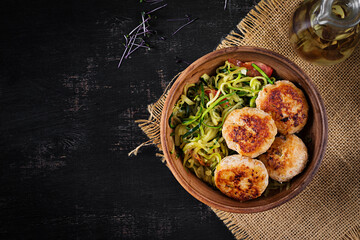 Wall Mural - Zucchini spaghetti pasta  with chicken meatballs in bowl. Top view. Flat lay