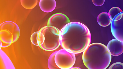 Poster - Multi-colored soap bubbles are in space, sunlights, effect of levitation, 3d render digital background