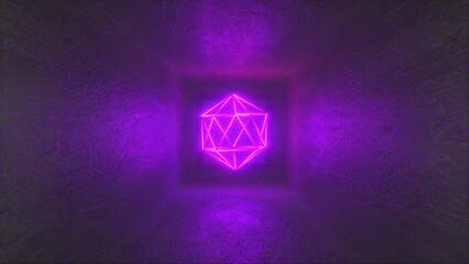 Poster - 3D rendering, abstract background, glowing neon lines, computer generated fluorescent neon Platonic in square room with grunge walls