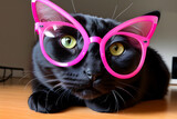 Czarny kot w różowych okularach. Generative AI