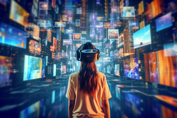 Metaverse and blockchain technology concept with teenage girl. Virtual world experience. Future concept.Generative Ai content