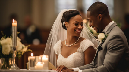 Charming african american wedding couple take an oath in the church. Generative AI.