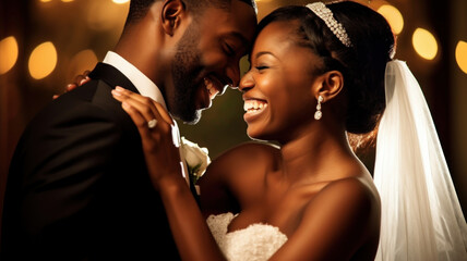 Wall Mural - Beautiful african american wedding couple laugh in dance. Generative AI.