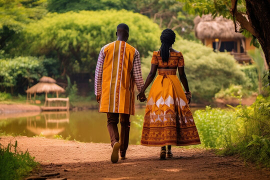 African couple in traditional wedding clothes walking at Africa town. Generative AI.