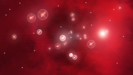 Poster - Red space activity with many little stars, modern 3d render abstraction, computer generated