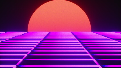 Poster - Futuristic neon landscape of the 80 s. Computer generated futuristic sun in retro style. 3D rendering abstract background.