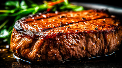 closeup of served delicious medium rare stake with spices. Good food