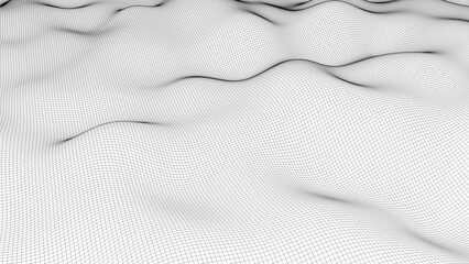Poster - wavy wireframe with black lines, liquid surface imitation, 3d render computer generated backdrop
