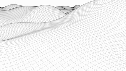 Poster - wavy wireframe with black lines, liquid surface imitation, 3d render computer generated backdrop